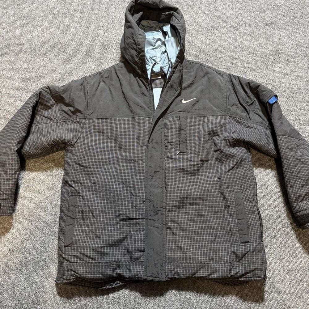 Nike Jacket Kids XL 18-20 Gray Hooded Check Parka Winter Zip Pockets Logo